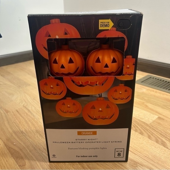 Halloween Jack O Lantern Pumpkin String Lights NEW Set of 8 Battery Operated - Picture 3 of 4